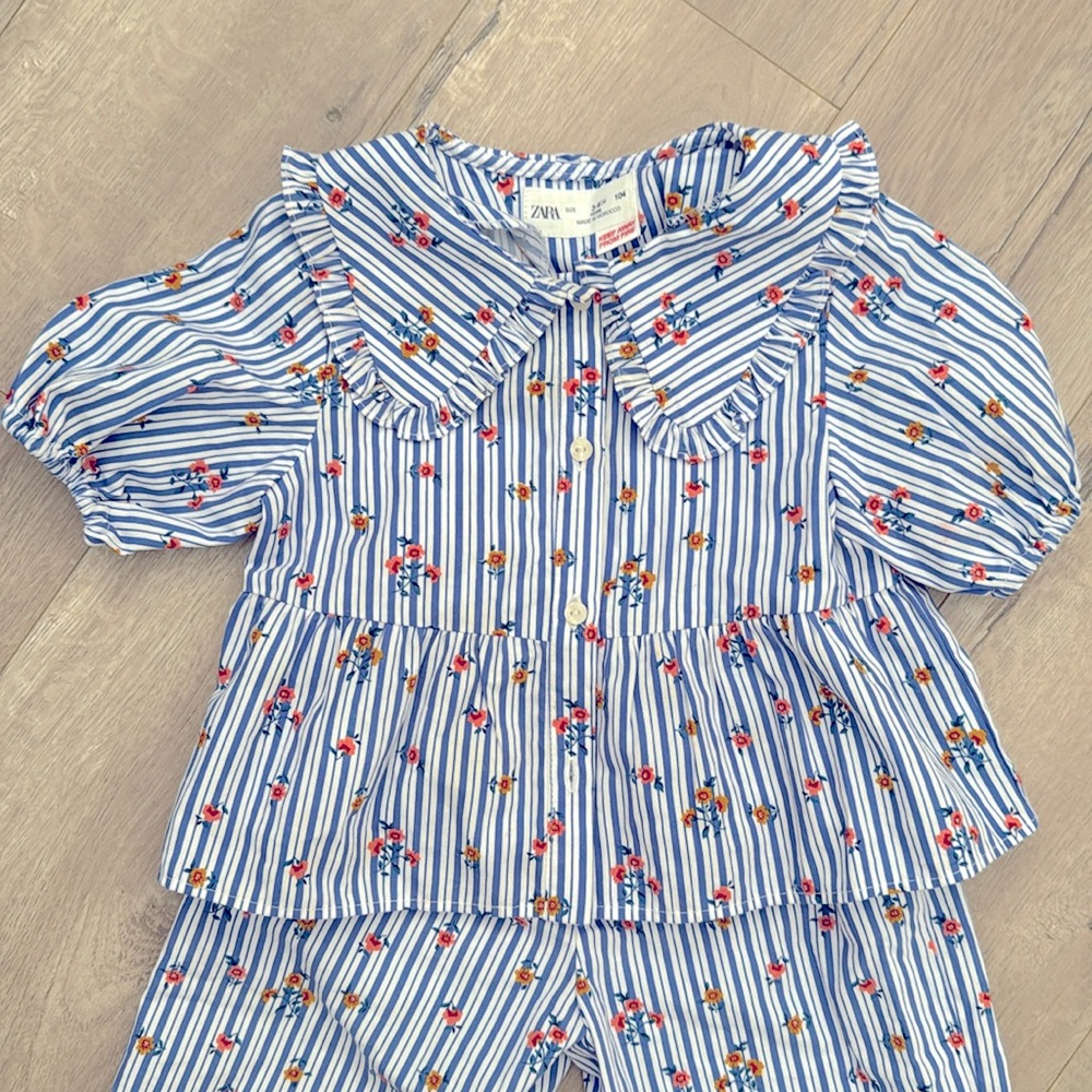 ZARA Two Piece Collared Blue Striped Button Up Shirt Pants Set w/ Flowers 3T